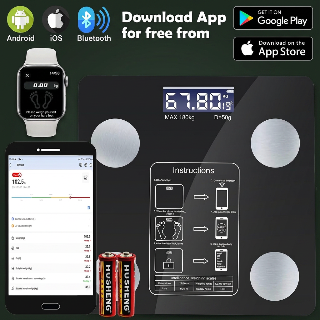 Smart Bluetooth Bathroom Scales with Body Composition, 180kg