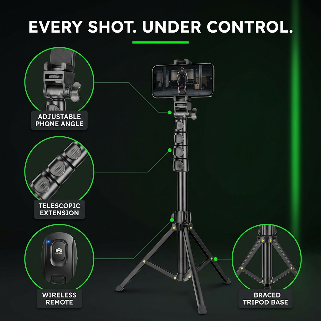 1.7m Phone Tripod & Bluetooth Selfie Stick with Remote