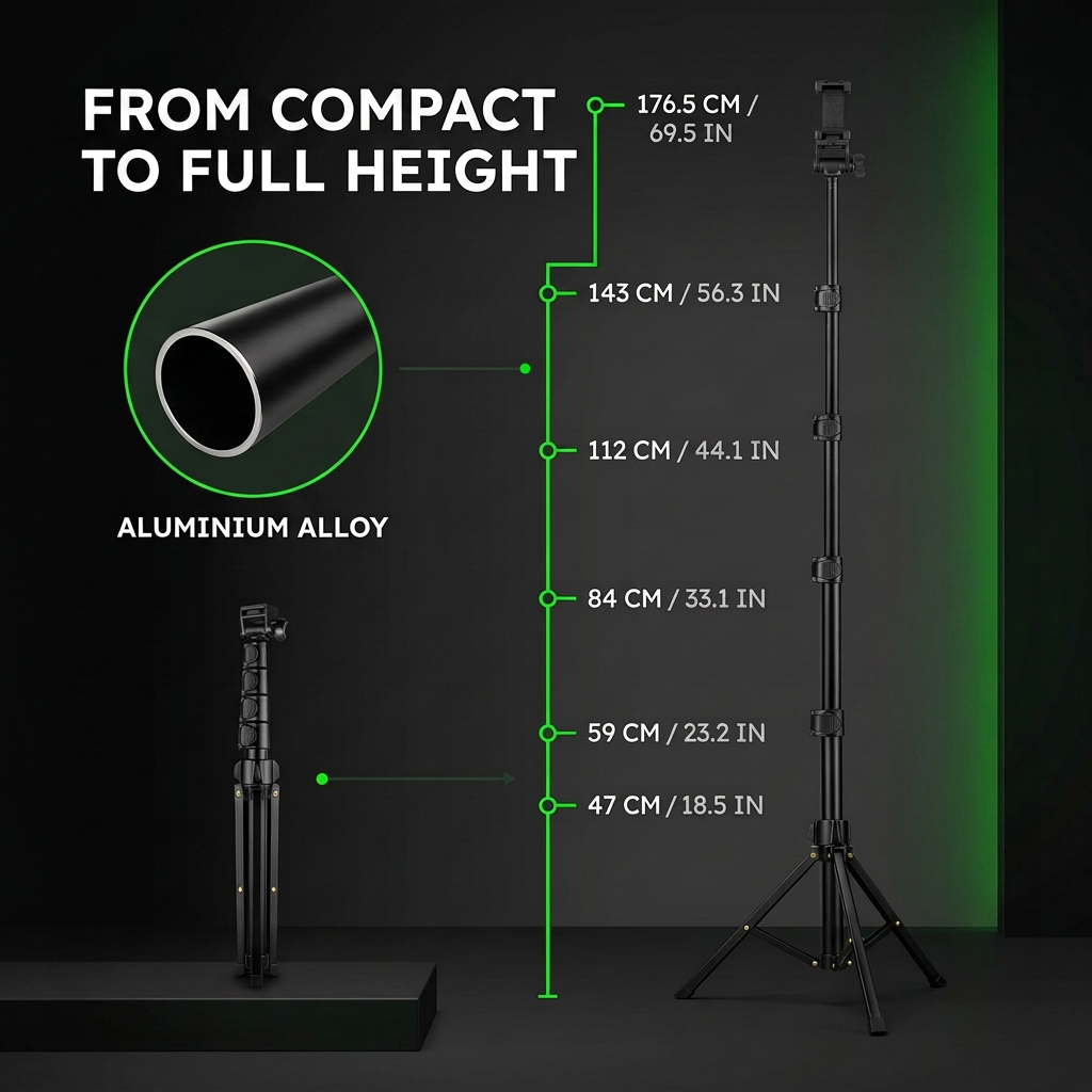 1.7m Phone Tripod & Bluetooth Selfie Stick with Remote