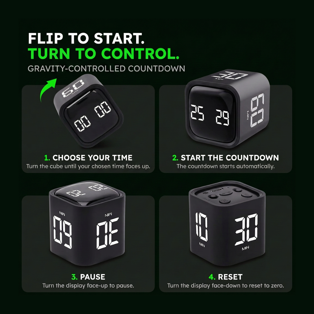 Pomodoro Timer Cube – Flip-to-Start, 5/10/30/60 Min