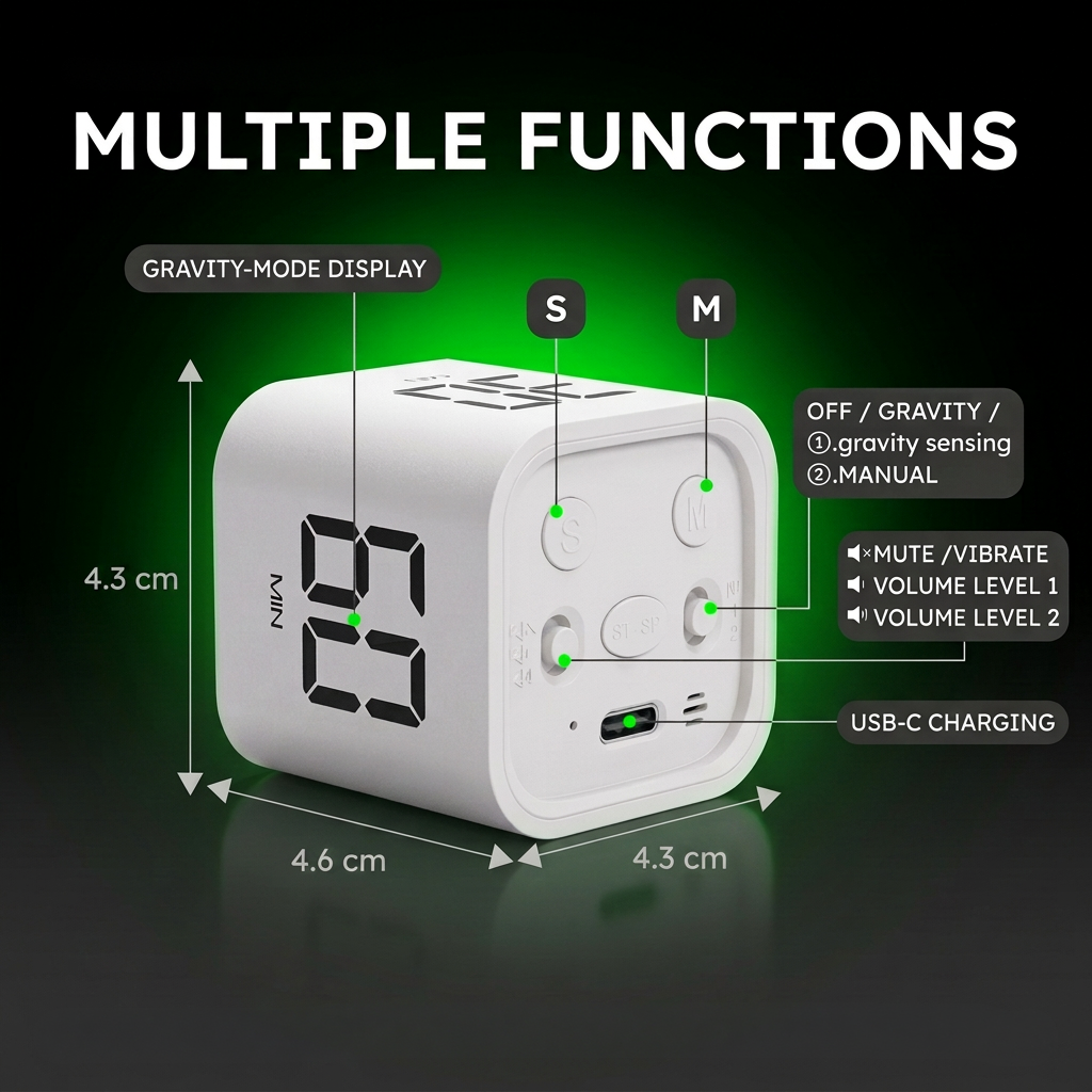 Pomodoro Timer Cube – Flip-to-Start, 5/10/30/60 Min