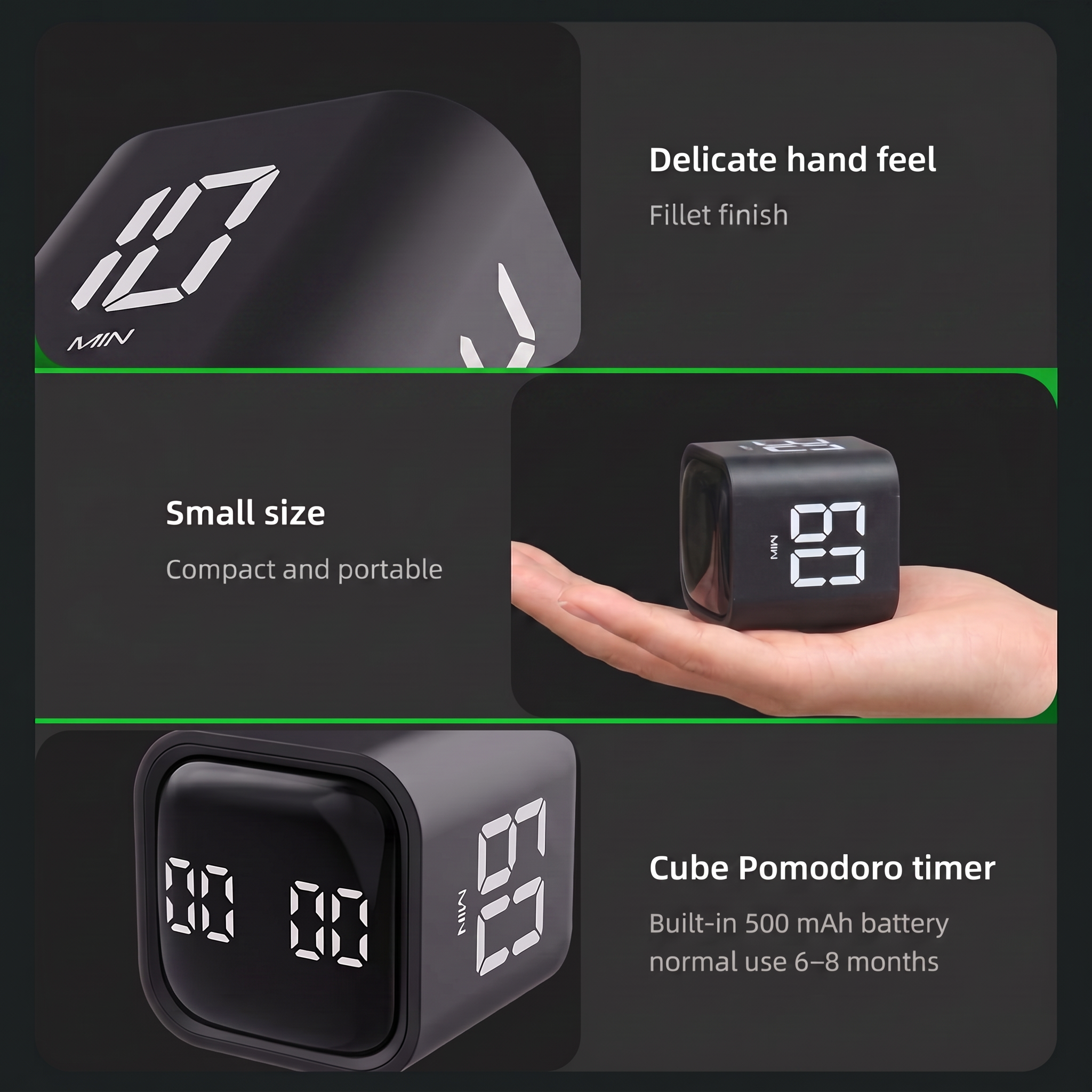 Pomodoro Timer Cube – Flip-to-Start, 5/10/30/60 Min